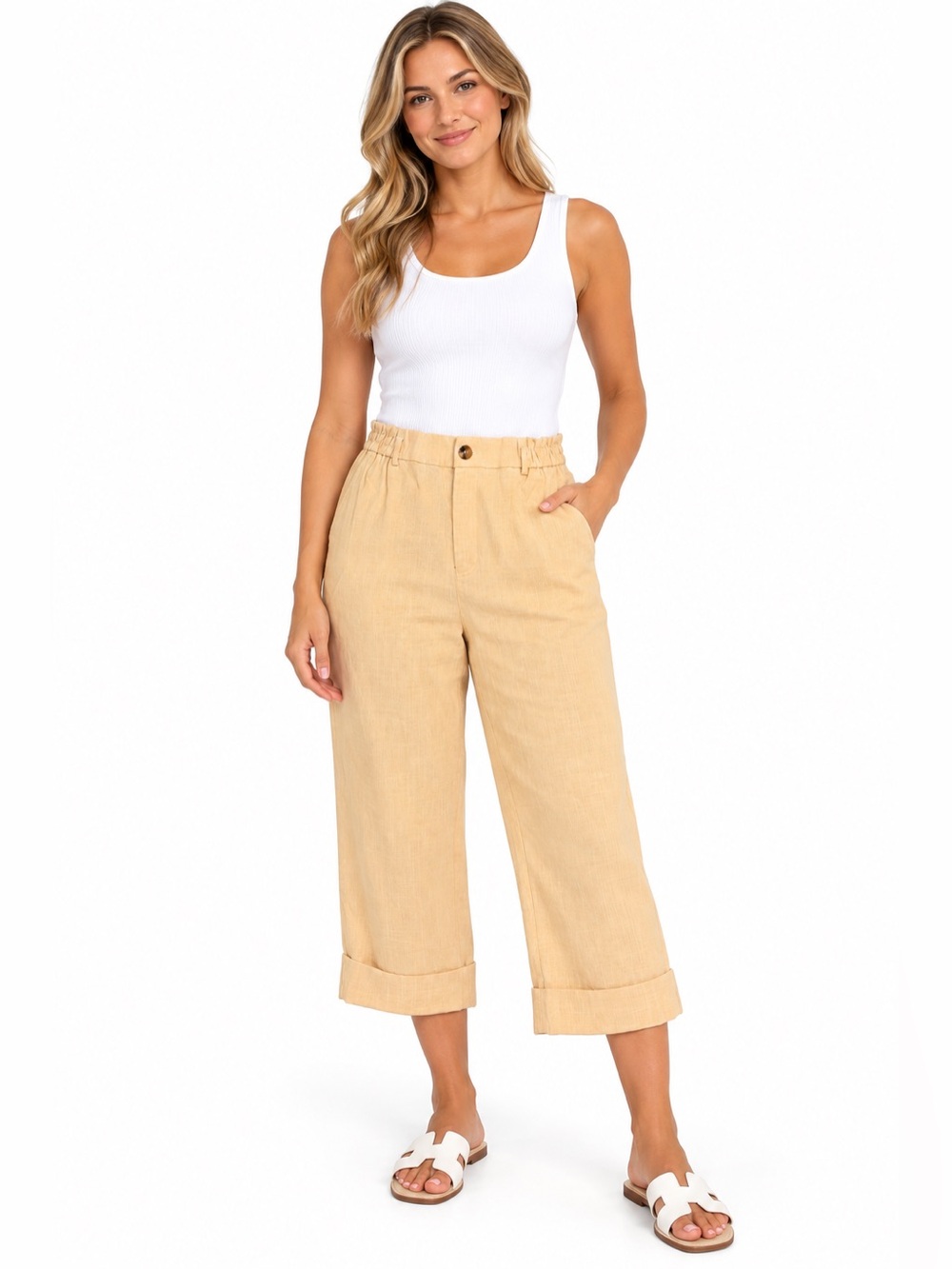 HALARA High Waisted Zipper Pocket Cropped Linen-Feel Pants